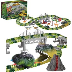 XL Dinosaurus Racebaan met auto - 183-Delig, Elektrische Dino Karts auto met LED, Uitbreidbaar & Flexibel Ontwerp met accesoires / bouwset 3 jaar 4 jaar dinosaurus speelgoed cadeau
