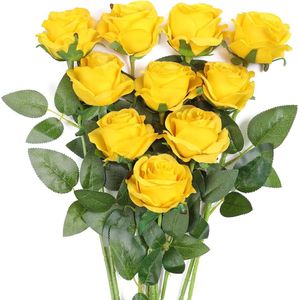 10 stuks gele rozen, kunstzijden bloemen, rozen met stelen, doe-het-zelf, bruiloft, boeket, thuis, kantoor, bruiloftsarrangementen (geel)