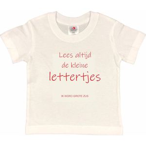 Shirt Aankondiging zwangerschap ""Lees altijd de kleine lettertjes (ik word grote zus)"" | korte mouw | Wit/rood | maat 86/92 zwangerschap aankondiging bekendmaking Baby big bro Sis Sister