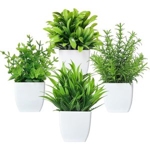 Kunstplanten binnen, kleine nep-simulatie plastic planten nep witte potplanten voor interieurdecoratie, boekenplank, balkon, kantoor, badkamer (4 stuks wit)