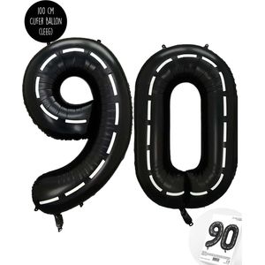 Cijfer Helium Folie Ballon XXL - 90 jaar cijfer - Zwart - Wit - Race Thema - Formule1 - 100 cm - Snoes