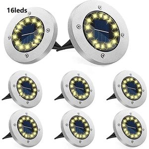 Meedeer 16 Leds Solar Grondspots voor buiten (8stuks) -Warm wit-RVS Grond Spots op Zonne-energie met 16 LED Spotjes-10 Uur Buiten Verlichting in Tuin-IP65 Waterdicht -Tuinverlichting Lamp op zonne energie-Buitenverlichting Tuinlamp