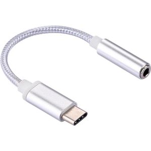 USB-C naar 3,5mm Jack aux audio female adapter geweven kabel| zilver -15 cm (headset adapter)