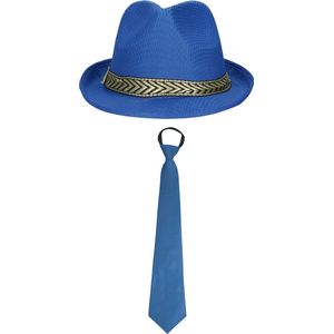 Toppers - Carnaval verkleedset Blueman - hoed en party stropdas - blauw - heren/dames - verkleedkleding accessoires