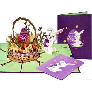 Popcards popupkaarten – Vrolijk Pasen! Schattige Paashaas met mandje Paaseieren Paasei Versierde Eieren Paasdagen pop-up kaart 3D wenskaart