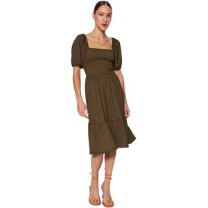 Trendyol Levendig Rood Gipel Taille Opening Vierkante Kraag Ballonmouw Midi Crepe Brei Jurk Twoss22El1088