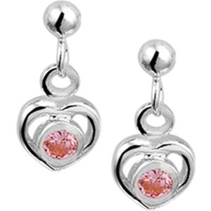 YO&NO - Oorbellen - Zilver - Oorhangers - Hart - Steker - Zirkonia - Strass roze - 14/7mm - Kinderen - Zilver 925