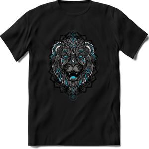 Leeuw - Dieren Mandala T-Shirt | Lichtblauw | Grappig Verjaardag Zentangle Dierenkop Cadeau Shirt | Dames - Heren - Unisex | Wildlife Tshirt Kleding Kado | - Zwart - L