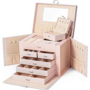 Afsluitbare sieradendoos met 5 niveaus en 5 laden - roze - ringen oorbellen halskettingen armbanden Sieradendoos