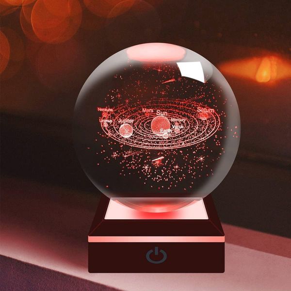 3D Kristallen Bol Nachtlampje - Zonnestelsel Planeten - Kleurverlichting - 8 Cm