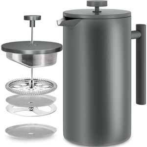 French Press Koffiezetapparaat 34 oz - 1000 ml (4 koffiemokken / 8 koffiekopjes) - Koffiezetapparaat met drievoudig roestvrijstalen filter en geïsoleerde wanden - Grijs