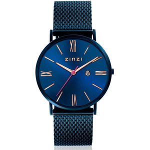 ZINZI Roman horloge blauwgekleurde wijzerplaat en kast met rosé wijzers blauwe stalen mesh band 34mm extra dun ZIW514M