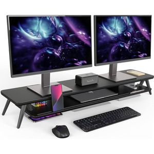 Dual Monitor Stand 108x235x145cm Riser voor 2 Monitoren - Houten Bureauplank met Opbergorganizer en Kabelbeheer - Bureauaccessoires Zwart Monitor Verhoger