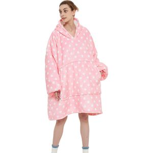 JAXY Hoodie Deken - Snuggie - Snuggle Hoodie - Fleece Deken Met Mouwen - 1450 gram - Hoodie Blanket - Kersttrui - Kerstcadeau - Roze Stip