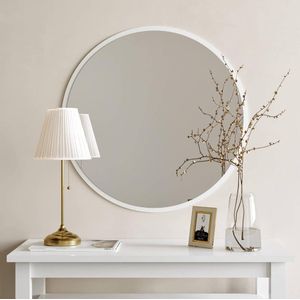 Moderne industriële spiegel Obejo, wit - ronde wandspiegel met houten onderkant en inclusief montagemateriaal - afmetingen 45 x 45 x 2,2 cm - ronde spiegel ideaal als decoratief object