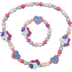 Fako Bijoux® - Kinderketting en Armband - Hout - Eenhoorn & Hartjes Magical