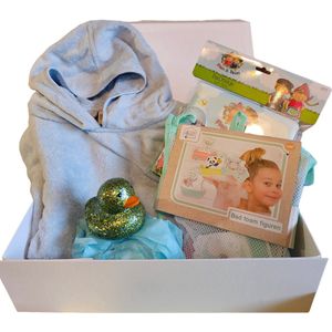 Cadeau pakket - badderpakket - blauwe poncho - badboekje fien en teun - badspeelgoed - badeend groen