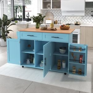 Eettafel/dressoir 129x46(71)x91,5 cm, werkblad van massief houtnerf + blauwe kast/opklapbaar werkblad/ontwerp met opbergdeur/wielen/poten van massief hout, verwisselbaar/geschikt voor thuis