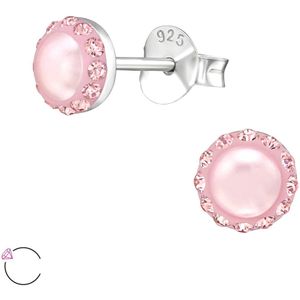 Joy|S - Zilveren parel oorbellen - 5 mm - Swarovski kristal roze oorknopjes