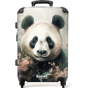 NoBoringSuitcases.com® - Koffer groot - Rolkoffer lichtgewicht - Zwart-witte panda verstopt achter roze bloemen - Reiskoffer met 4 wielen - Grote trolley XL - 20 kg bagage