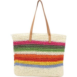 Geweven schoudertassen stro strandtas voor dames zomer Boheemse stijl grote strohandtas strand schoudertas, Witte regenboogstrepen