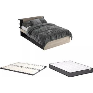 Vente-unique Bed 140 x 200 cm met opbergruimte - Kleur: naturel en zwart + lattenbodem + matras - ERALIA L 144.7 cm x H 87.7 cm x D 227 cm