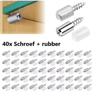 TLVX 40 stuks sterke Schroeven + rubbers / Plankdragers / Kastschroeven voor plank / Glas / Glazen plaathouder / 40x Zelf tappende Kruiskop schroef en 40x rubber antislip / Kledingkast plank drager / Kastplank houder / Plank steun schroef met rubber