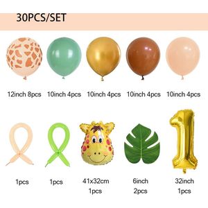 Jungle Safari Ballonnen Set 1 jaar 30 stuks - Kinder Verjaardag - Versiering 1 - Verjaardagsfeestje - Decoraties Jungle Thema - Safari Dieren Versiering - Jungle Ballonnen - Versiering Jongen - Versiering Meisje - Giraffe Ballon - Helium Ballonnen -