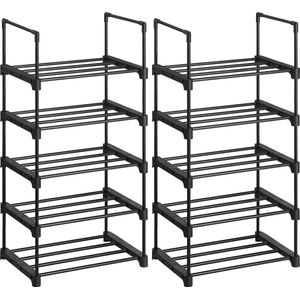 NaSK - Schoenenrekken met 5 niveaus, set van 2, metalen schoenenrek, stapelbaar, ruimtebesparend, schoenenrek, multifunctioneel, staande plank, voor hal, slaapkamer, woonkamer, zwart