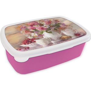 Broodtrommel Roze - Lunchbox - Brooddoos - Schilderij - Bloemen - Vaas - Olieverf - 18x12x6 cm - Kinderen - Meisje