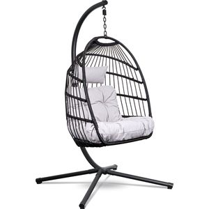Swoods Egg Hangstoel – Hangstoel met standaard – Egg Chair – tot 150kg – Inclusief Beschermhoes – Zwart/Lichtgrijs