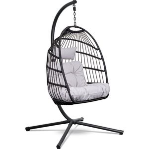 Swoods Egg Hangstoel – Hangstoel met standaard – Egg Chair – tot 150kg – Inclusief Beschermhoes – Zwart/Lichtgrijs