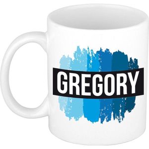 Gregory naam cadeau mok / beker met verfstrepen - Cadeau collega/ vaderdag/ verjaardag of als persoonlijke mok werknemers