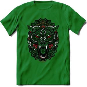 Wolf - Dieren Mandala T-Shirt | Rood | Grappig Verjaardag Zentangle Dierenkop Cadeau Shirt | Dames - Heren - Unisex | Wildlife Tshirt Kleding Kado | - Donker Groen - L