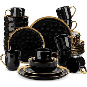 Sattire - Servies Set - Porselein - Zwart - Met Gouden Versiering - Dinerbord, Taartbord, Kommen, Koffiekopjes - 32 Stuks - 8 Personen