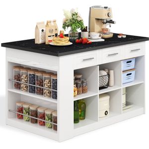 Multifunctioneel keukeneiland met 150 cm+96 cm, wit uitbreidbare eettafel, zwart -wit gemarmerde houten werktous/tafel, geïntegreerde stabilisator, ideaal voor familie -keukens, potluck -diners