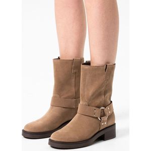 Sacha - Dames - Taupe biker enkelboots met zilverkleurige buckle - Maat 39