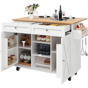 Modern keukeneiland, keukenkast, buffetkast, serveerwagen met houtnerf, multifunctionele eettafel met opbergruimte, serveerwagen met snackrekken, wit
