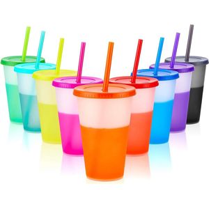 Drinkbekers met rietje en deksel, 9 stuks, kleurverandering, 16 oz plastic beker, smoothie, koffiebeker voor onderweg en kinderen, volwassenen, herbruikbare kunststof bekers