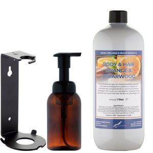 Zeepdispenser 300 ml amber bruin hervulbaar + 1 liter Body & Hair Sweet Orange & Cedarwood navulling (inclusief beugel)
