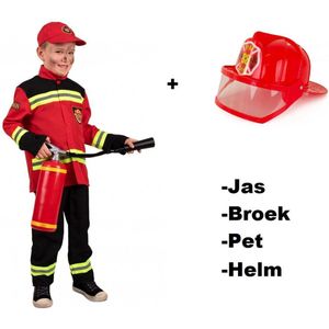 Luxe Brandweer man kostuum rood mt.140 - Jas broek pet en helm - KIDS - Brandweerman verjaardag thema feest