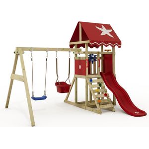 Wickey Speeltoren DinkyStar met schommel, rode glijbaan, klimladder en zandbak
