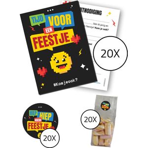 Uitnodiging kinderfeestje Compleet - Voordeelset 60 stuks : 20 uitnodigingskaarten + 20 uitdeelzakjes + 20 stickers - verjaardag feest - Emoji