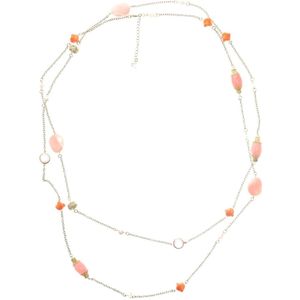 Behave Lange ketting goud kleur met roze en oranje kralen 185 cm