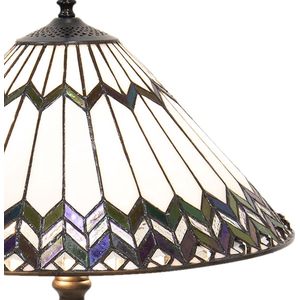 HAES DECO - Tiffany Tafellamp Ø 40x62 cm Wit Bruin Glas Tiffany Bureaulamp Tiffany Lampen Glas in Lood