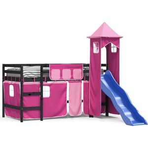 vidaXL - Kinderhoogslaper - met - toren - 90x190 - cm - massief - grenenhout - roze