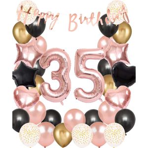 Snoes Ballonnen 35 Jaar Set Mega Rose Black Zwart Ballonen set - Compleet Feestpakket Cijferballon 35 Jaar - Verjaardag Versiering Slinger Happy Birthday – Folieballon – Latex Ballonnen - Helium Ballonnen