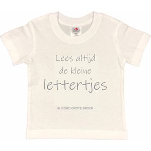 Shirt Aankondiging zwangerschap ""Lees altijd de kleine lettertjes (ik word grote broer)"" | korte mouw | Wit/grijs | maat 86/92 zwangerschap aankondiging bekendmaking Baby big bro brother