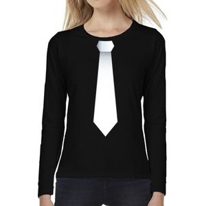 Stropdas wit long sleeve t-shirt zwart voor dames- zwart shirt met lange mouwen en stropdas bedrukking voor dames L