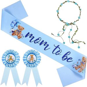 4-delige Babyshower set met sjerp, 2 rozetten en bloemenkrans Mom en Dad to be Bear blauw - babyshower - genderreveal